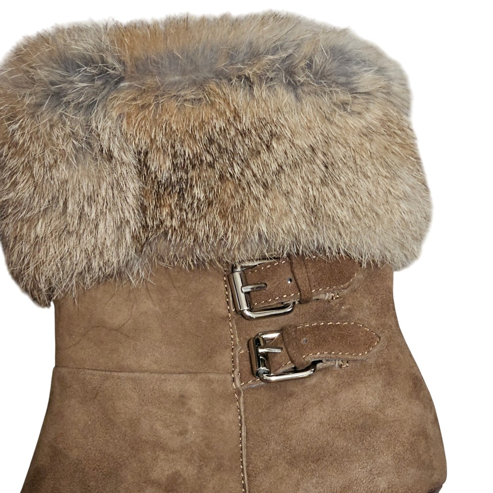 Ann Klein Women's Tan Suede Fur Trim Ankle Boots‎ Pointed Toe Stiletto Heel 6 - Picture 2 of 8